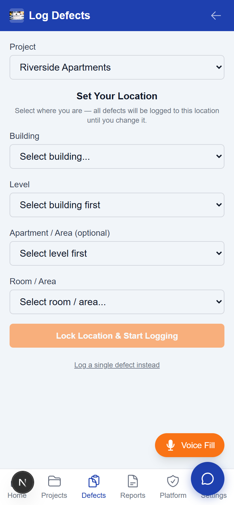 Voice recording overlay showing AI-powered defect logging