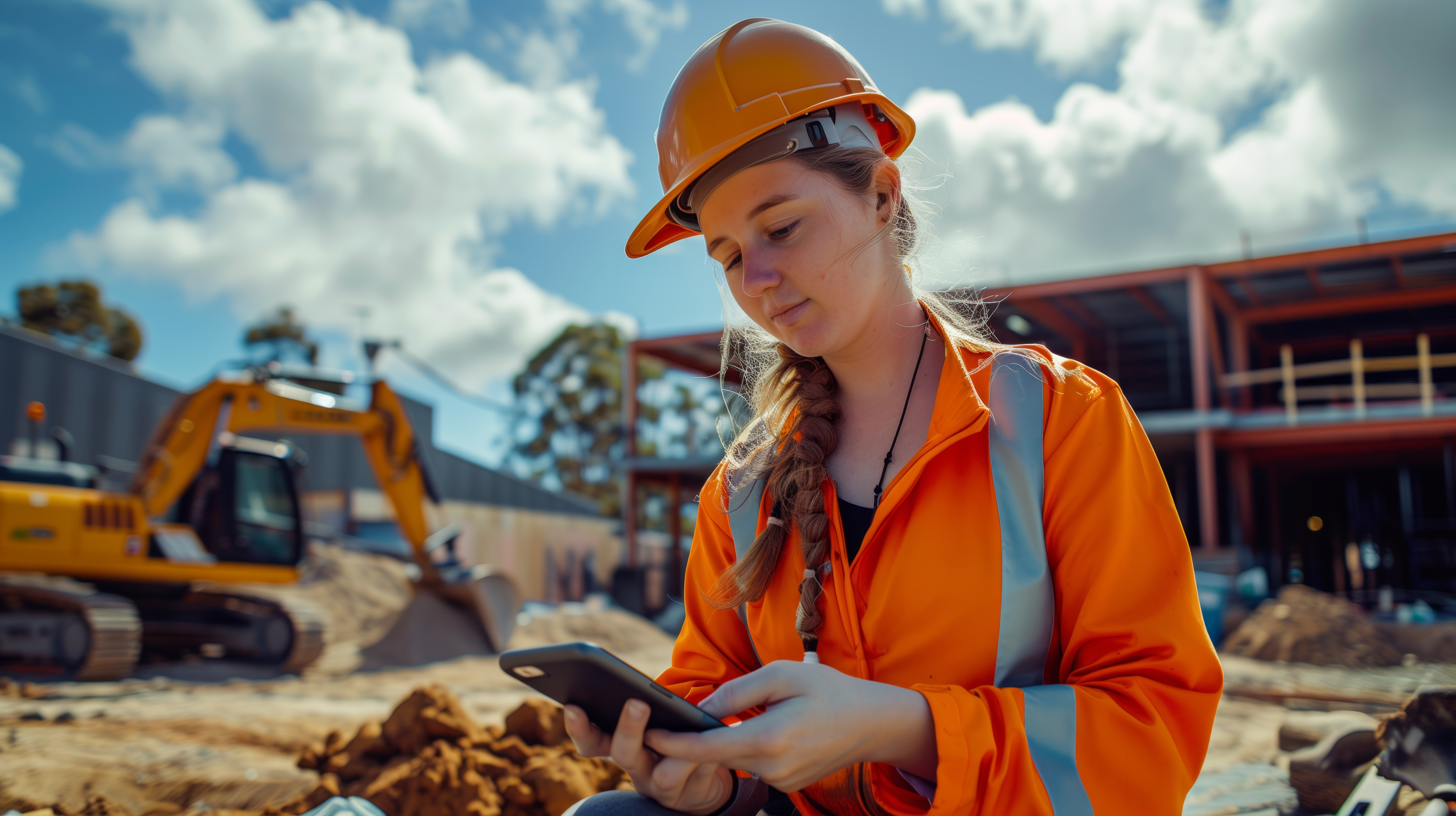 Construction worker holding phone on-site